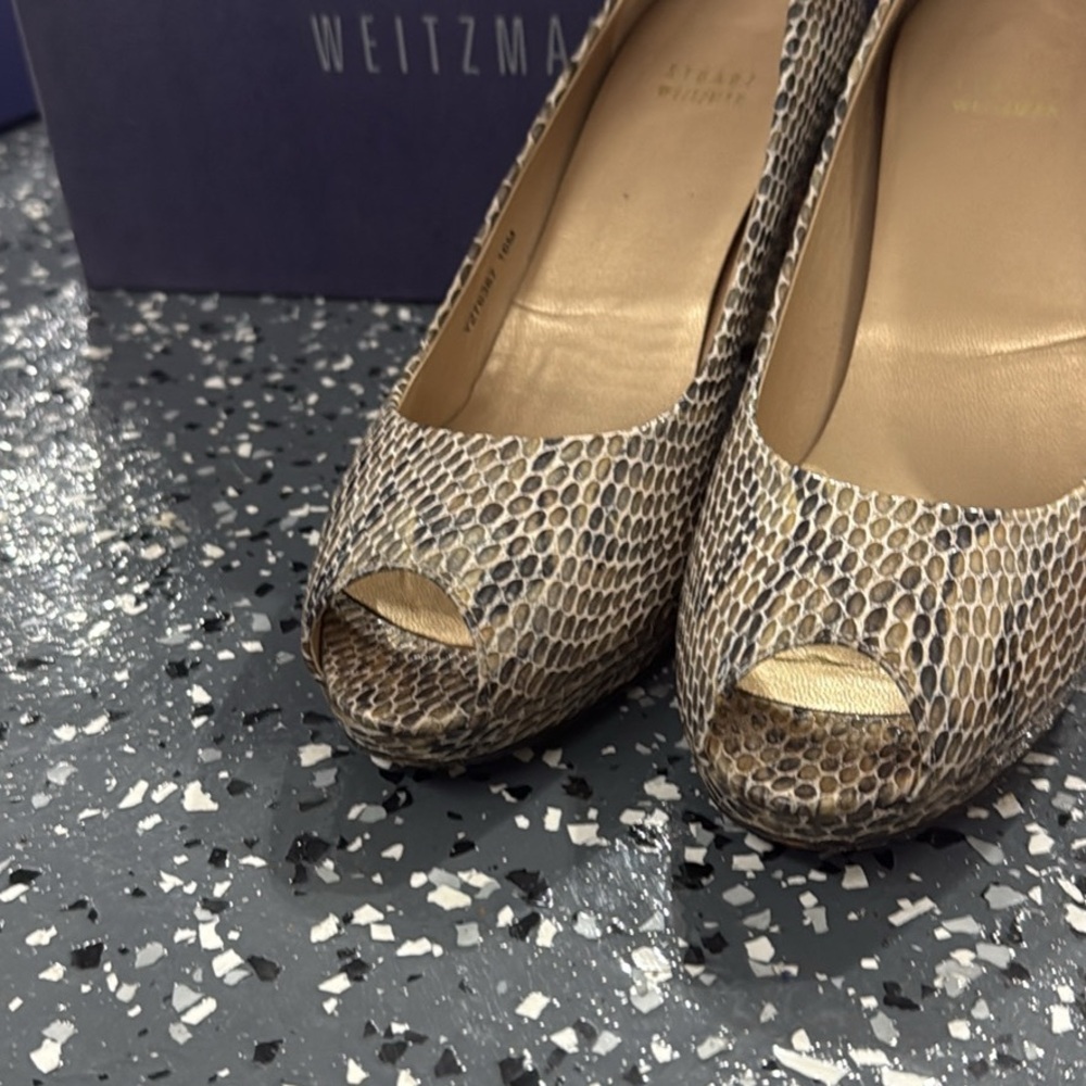 Stuart Weitzman Snakeskin Peep Toe Heels - Tan